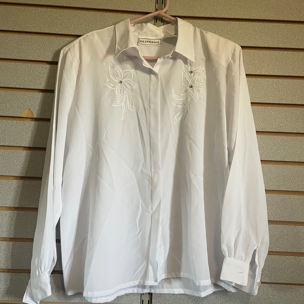 VTG Eileen Dale White Floral Embellished Long‎ Sleeve Button Down Blouse Sz 16